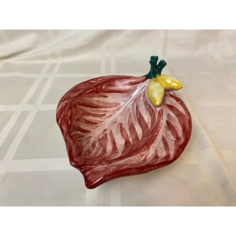 Radicchio Leaf Red Ceramic Trinket Dish Yellow Buds Botanical Pottery Italy Vtg.